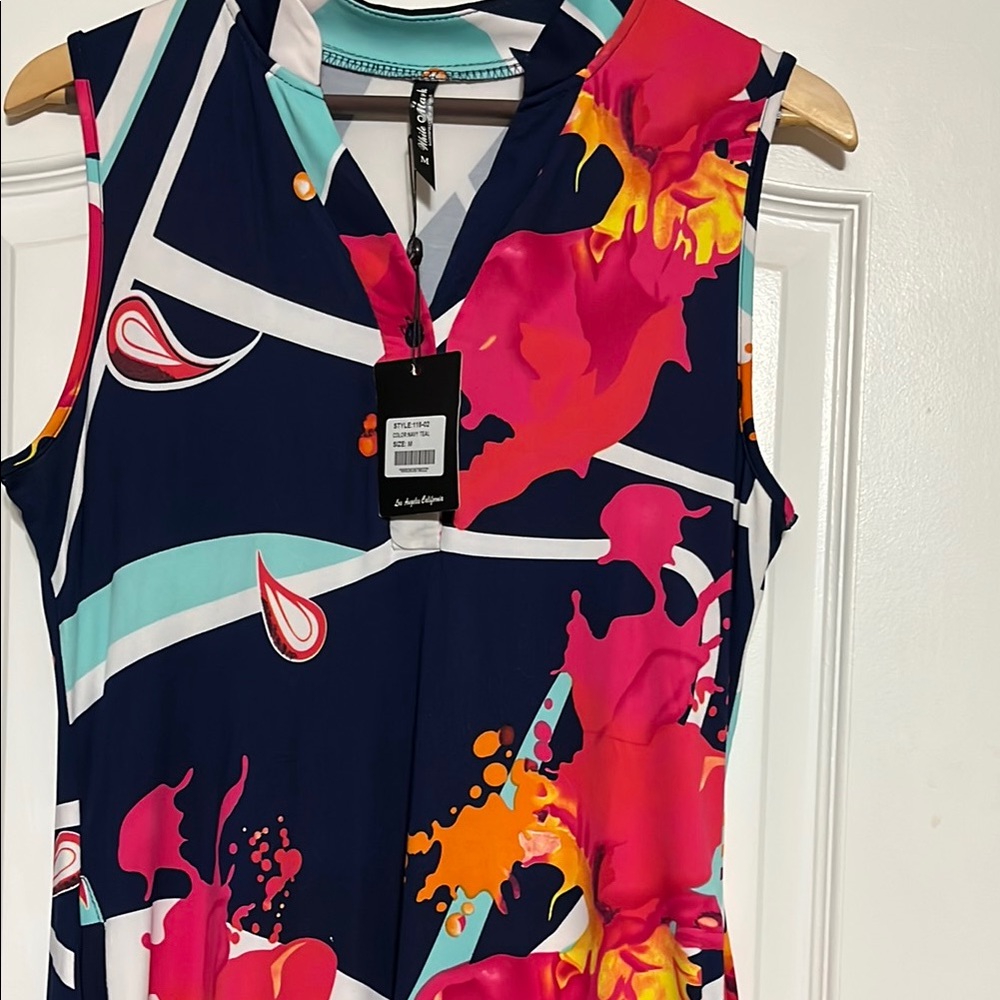 Cachet Pink and Orange Sleeveless V-neck Sheath Midi Dress